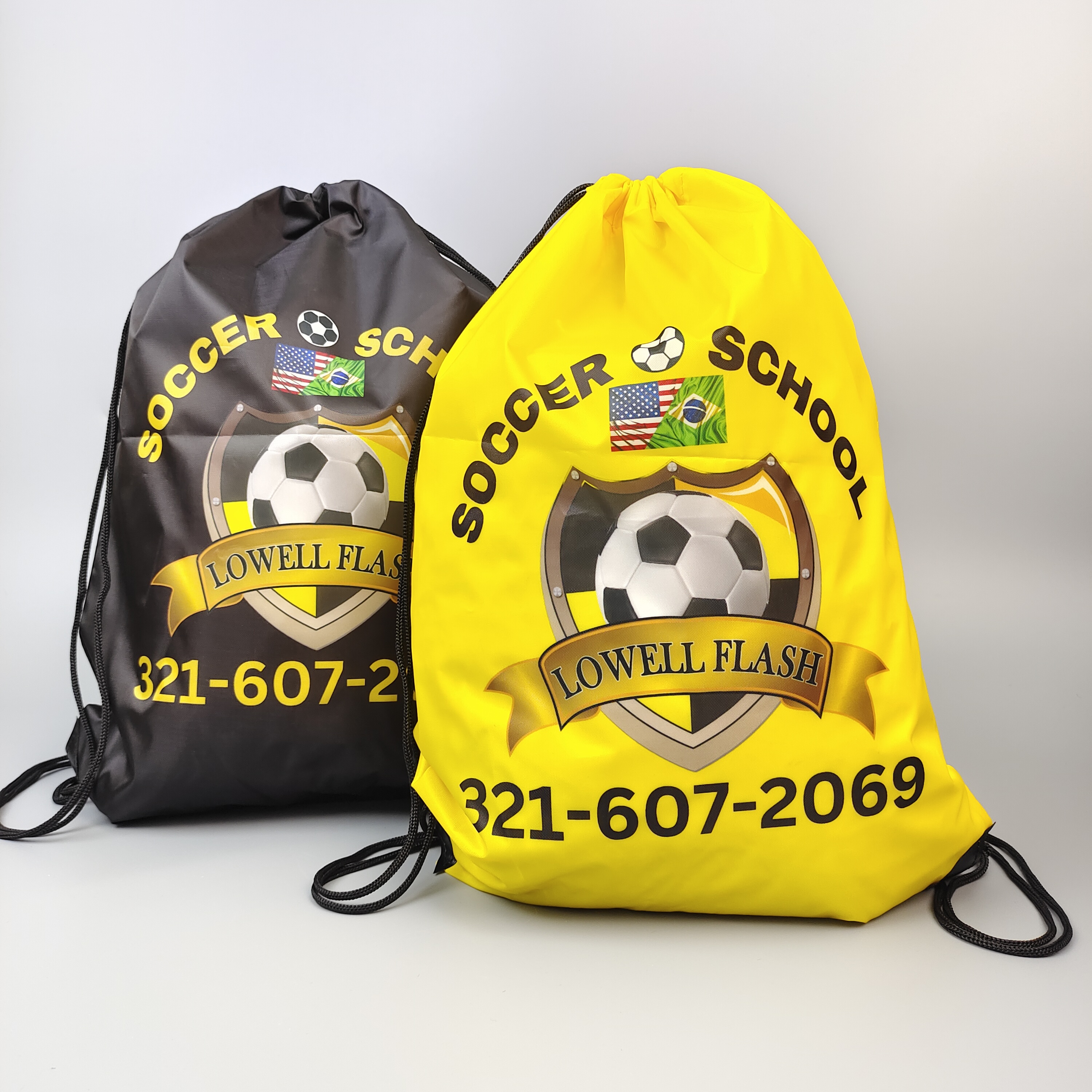 black and yellow full color printed polyester drawstring backpacks for a soccer school