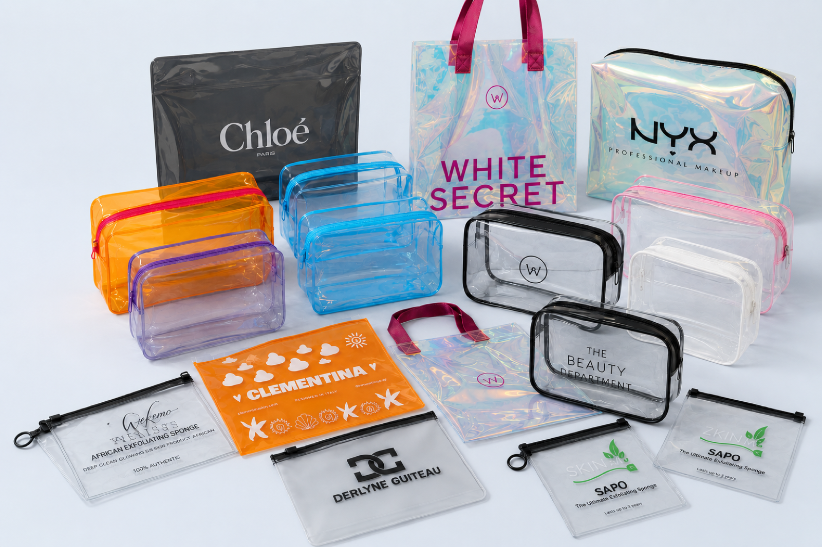 collection of custom clear frosted colored and holographic PVC zipper bags for bulk orders