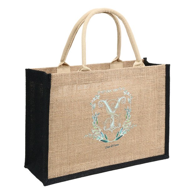 Aqua Emblem Jute Tote with Black Gussets