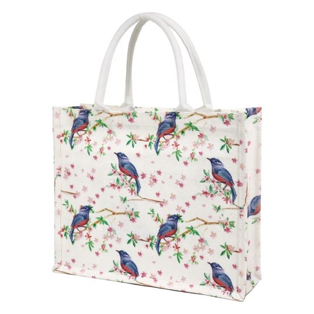 Bird and Floral Full-Print Jute Tote