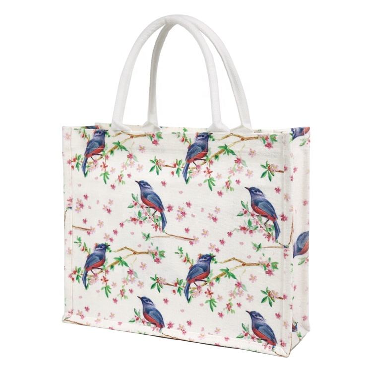 bird and floral full-print jute tote product example - view 4
