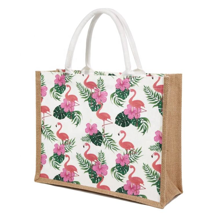 bird and floral full-print jute tote product example - view 5