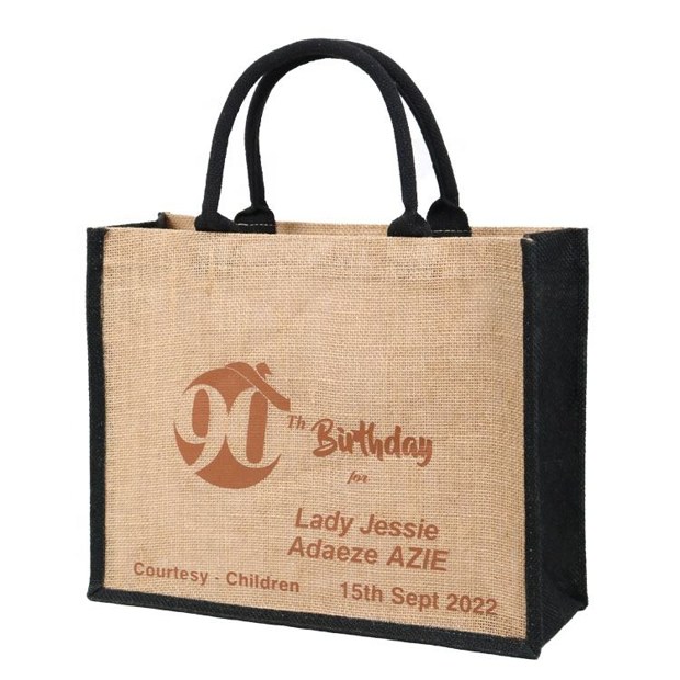 Birthday Print Jute Tote with Black Trim