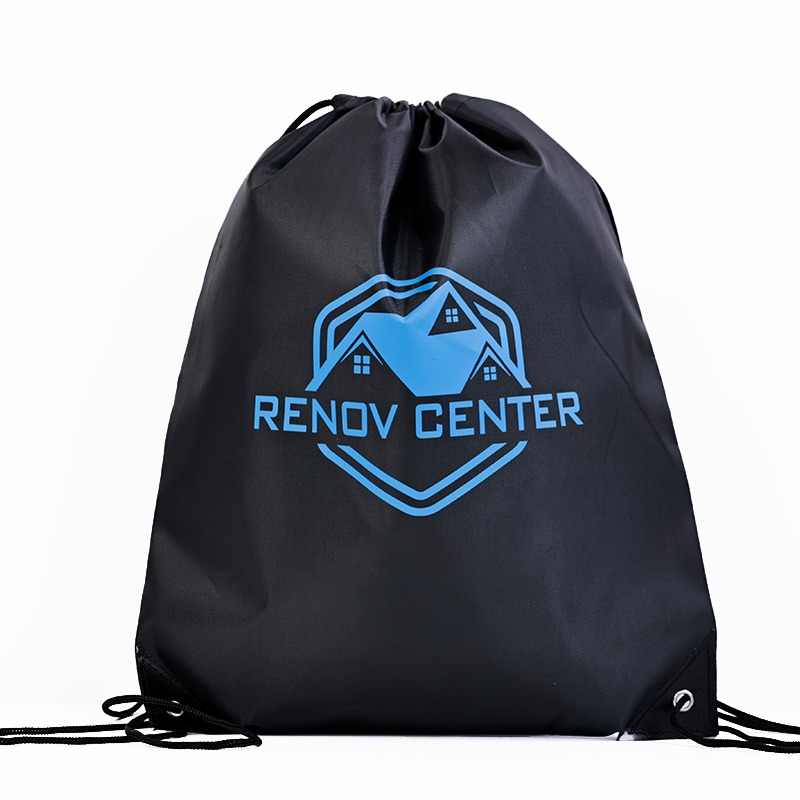 Black Polyester Drawstring Bag with Blue Print