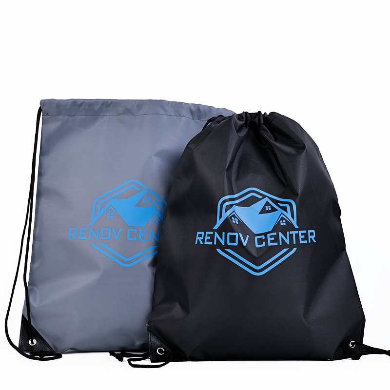 black polyester drawstring backpack with blue printed logo - view 2