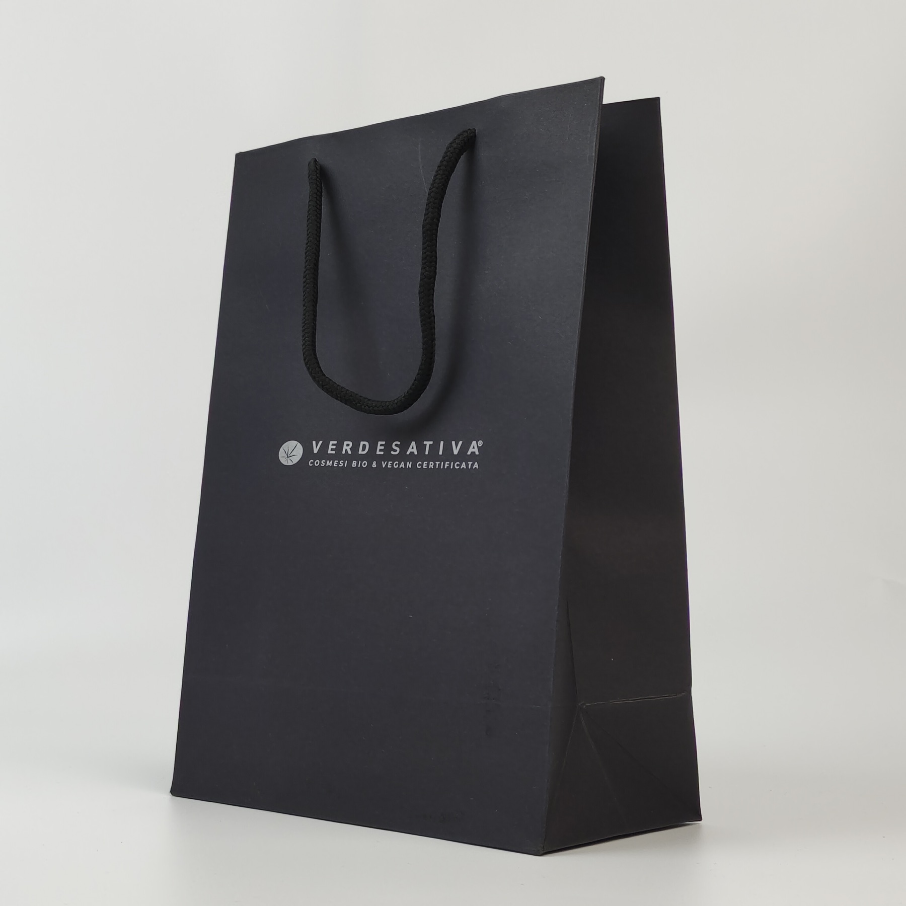 black paper carrier bag with silver logo and reinforced top - view 3