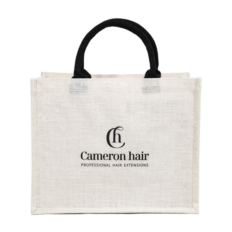black printed jute tote bag product example - view 3