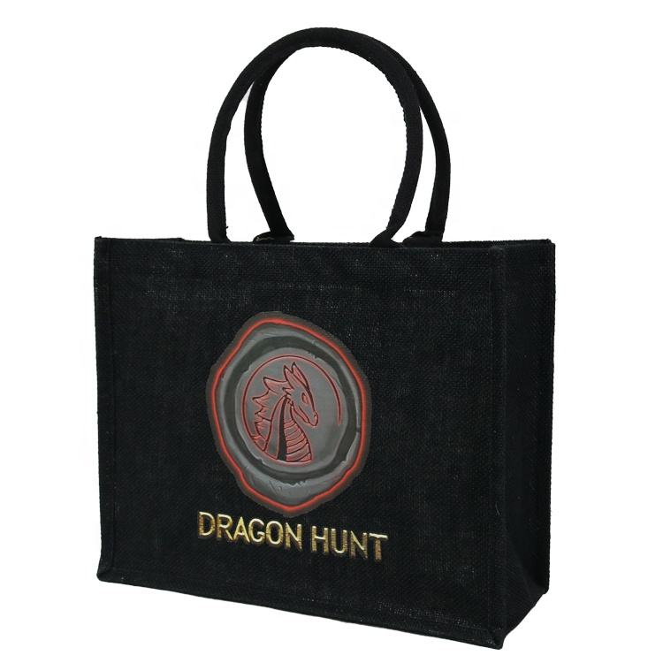 black printed jute tote bag product example - view 5