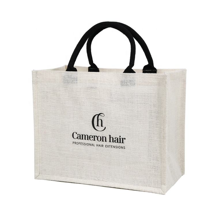 small jute tote with blue handles product example - view 2