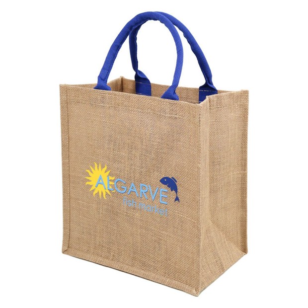Blue Handle Logo Jute Shopping Tote