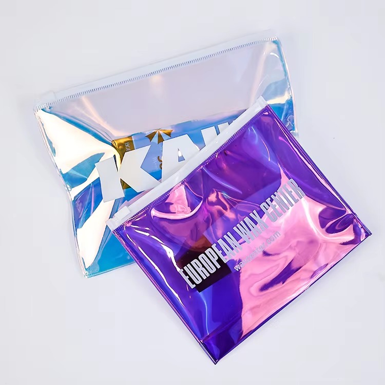 blue holographic PVC zipper pouch set with white closures and bold printing - view 4
