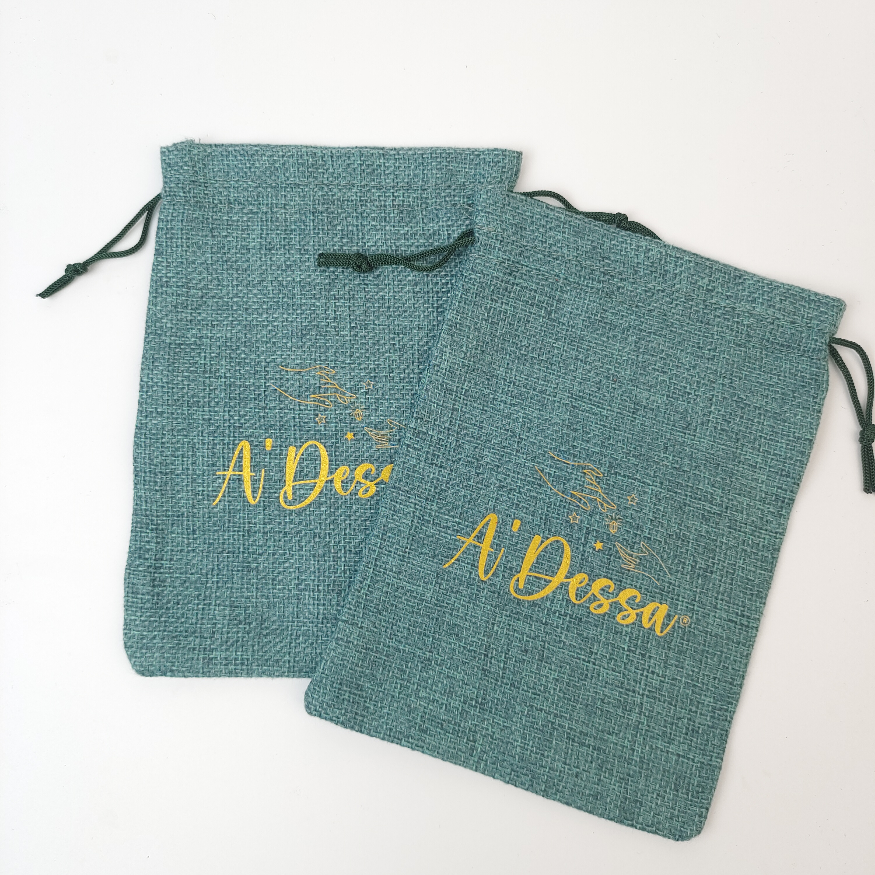 Blue Jute Drawstring Bag with Gold Print