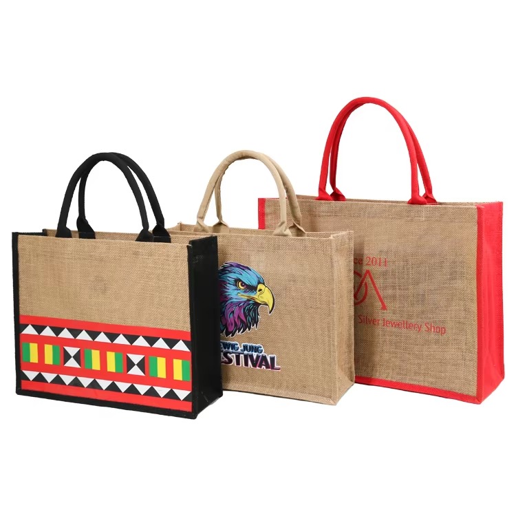 blue pattern canvas panel jute tote product example - view 2