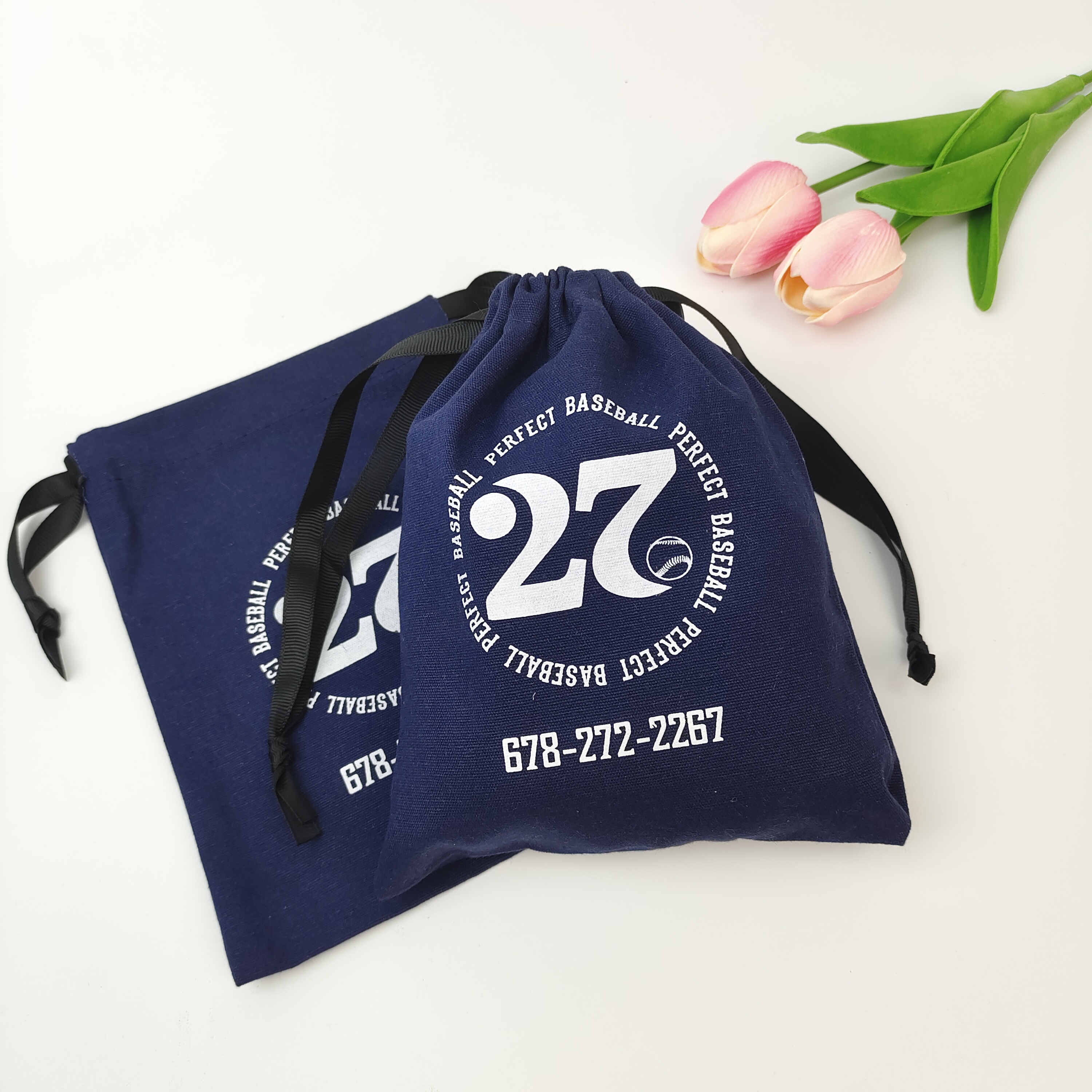 Blue Printed Cotton Drawstring Bag