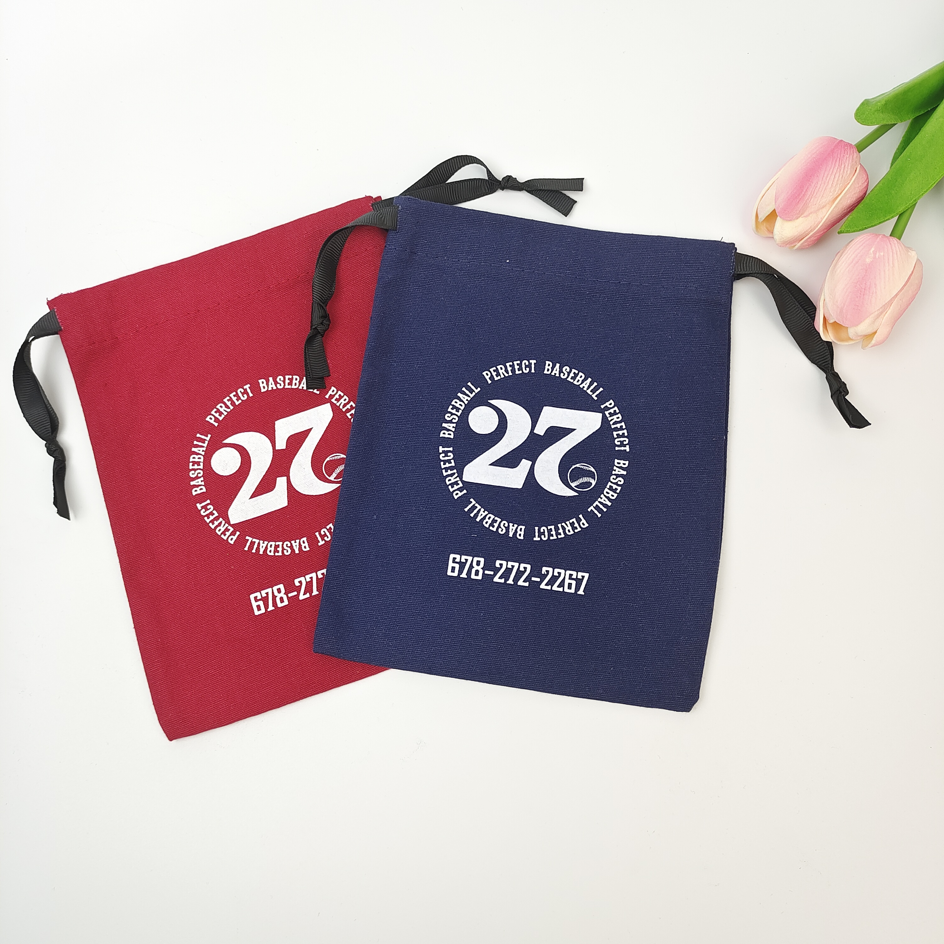 blue printed cotton drawstring bag with contrasting cords - view 3