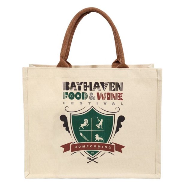 Canvas Panel Jute Tote with Brown Handles