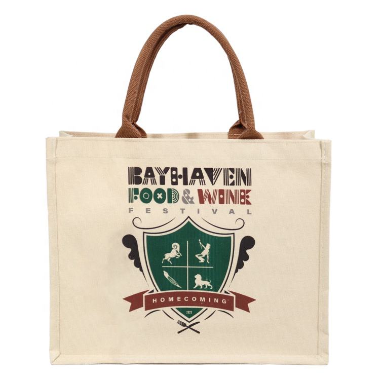 canvas panel jute tote with brown handles product example - view 2
