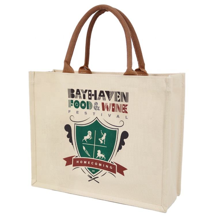 canvas panel jute tote with brown handles product example - view 3