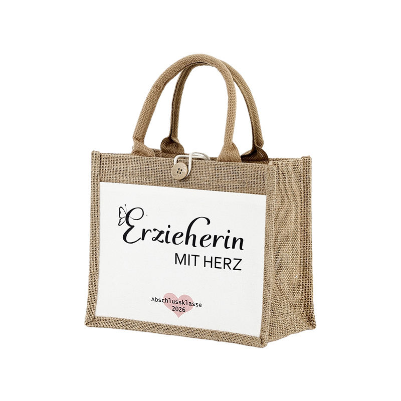 canvas panel jute gift bag with button closure product example - view 2