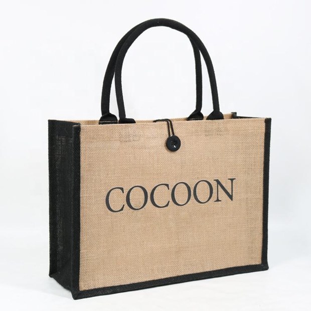 Button Closure Jute Tote with Black Trim