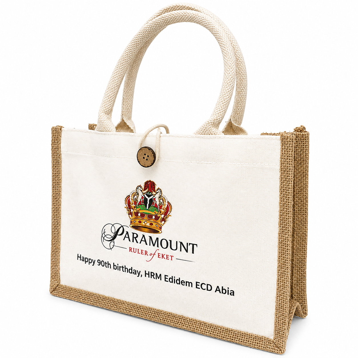 jute trimmed canvas bag with round handles and button closure - view 3