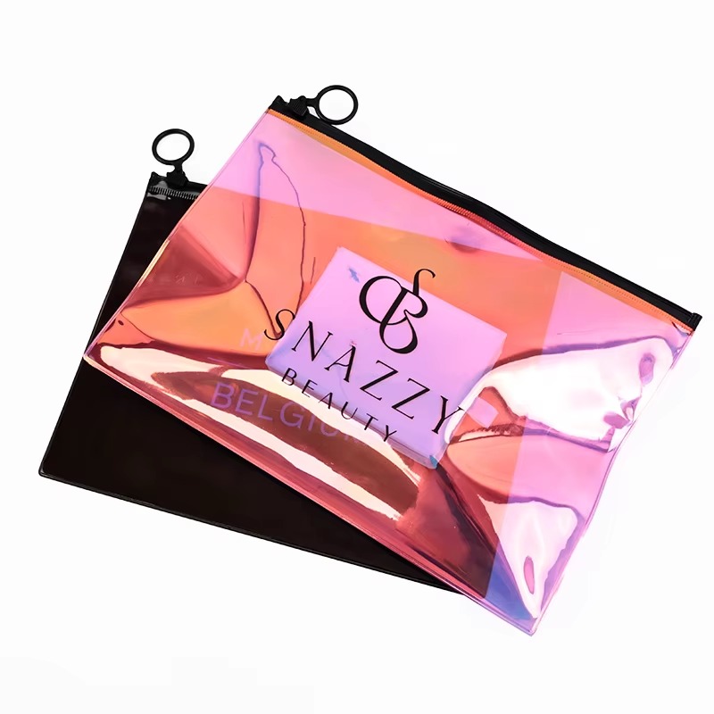 pink and green transparent PVC zipper pouch set with black ring pulls - view 5