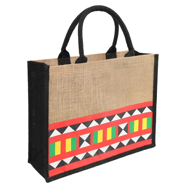 crest logo jute tote with black trim product example - view 2