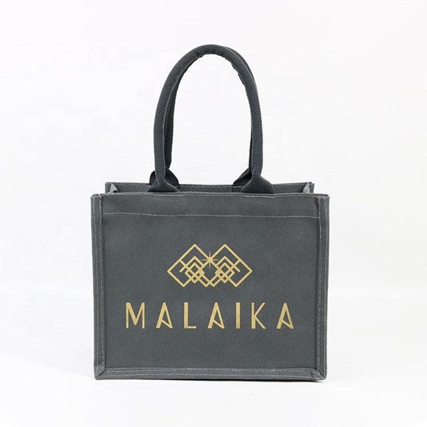 Dark Gray Jute Tote with Gold Logo