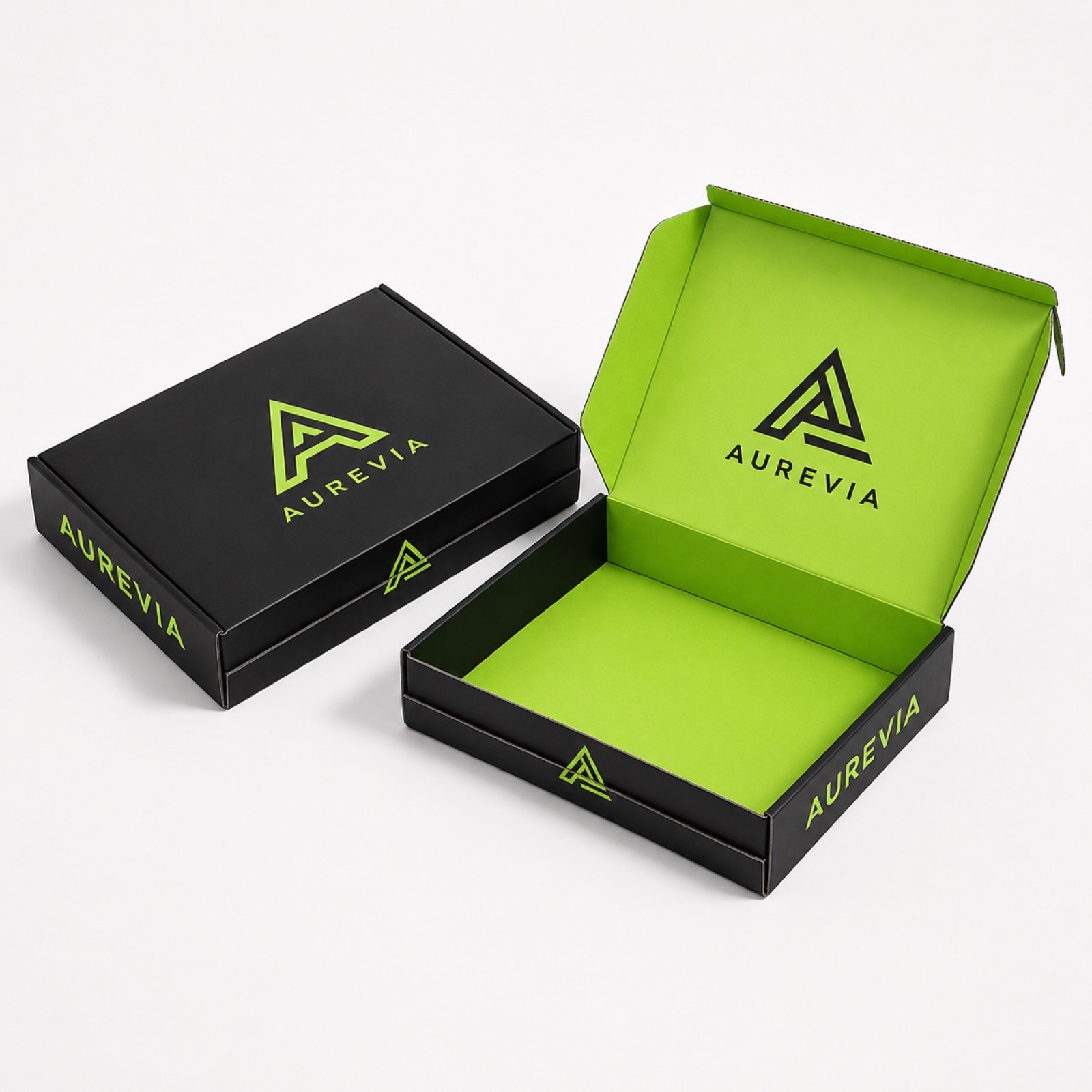dark color printed corrugated mailer boxes in black navy and green - view 2