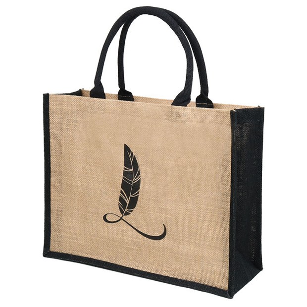 Feather Print Jute Tote with Black Gussets
