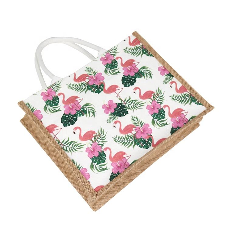 flamingo print jute and canvas tote product example - view 3