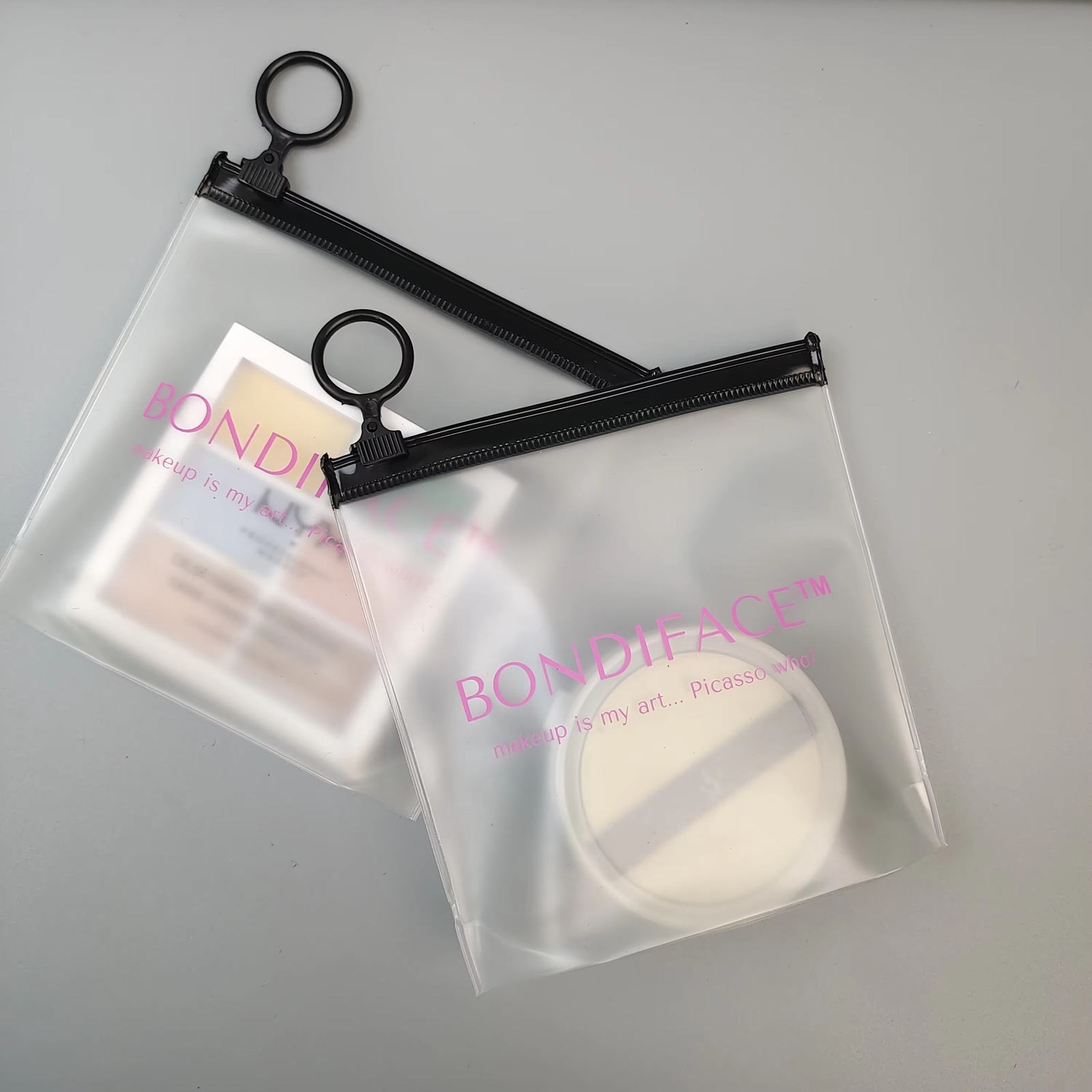 frosted makeup pouches with black zipper and pink printed logo - view 2