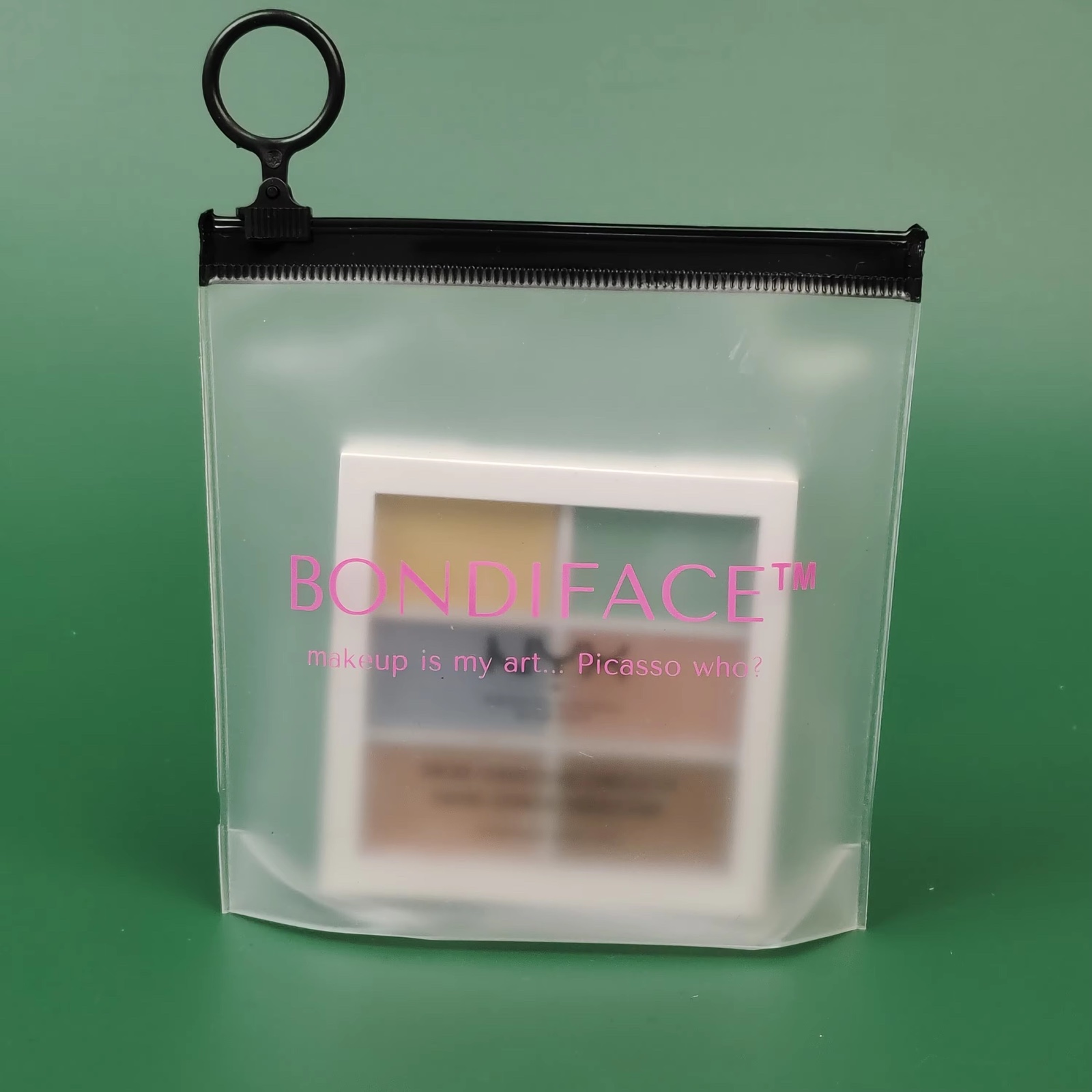 frosted makeup pouches with black zipper and pink printed logo - view 6