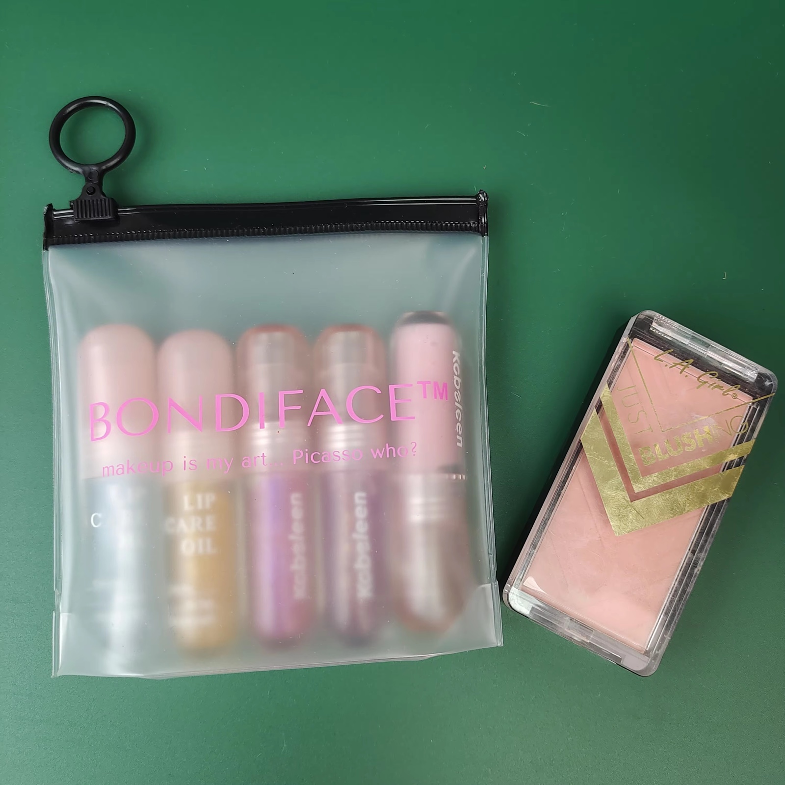 frosted PVC makeup pouches with pink logo and black ring pulls - view 5