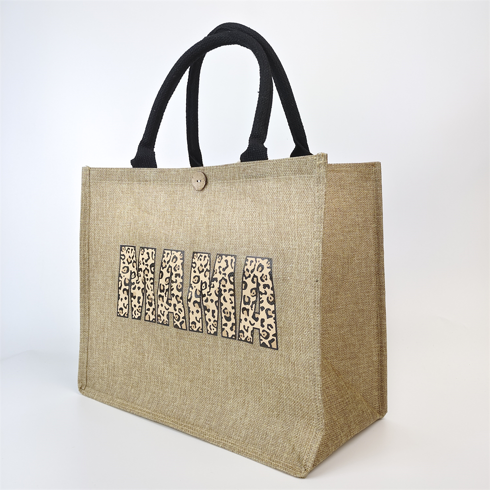full-color printed natural jute tote bags with gussets and black handles for retail use