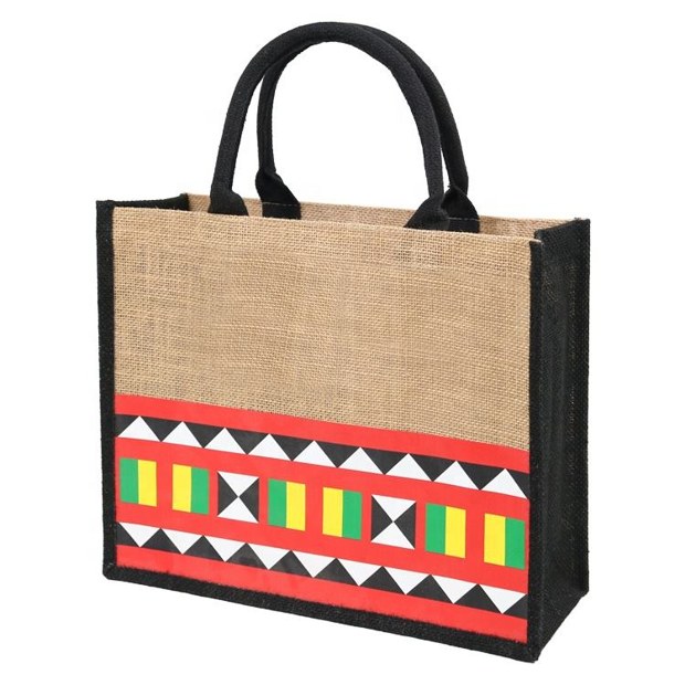 Geometric Print Jute Tote with Black Trim