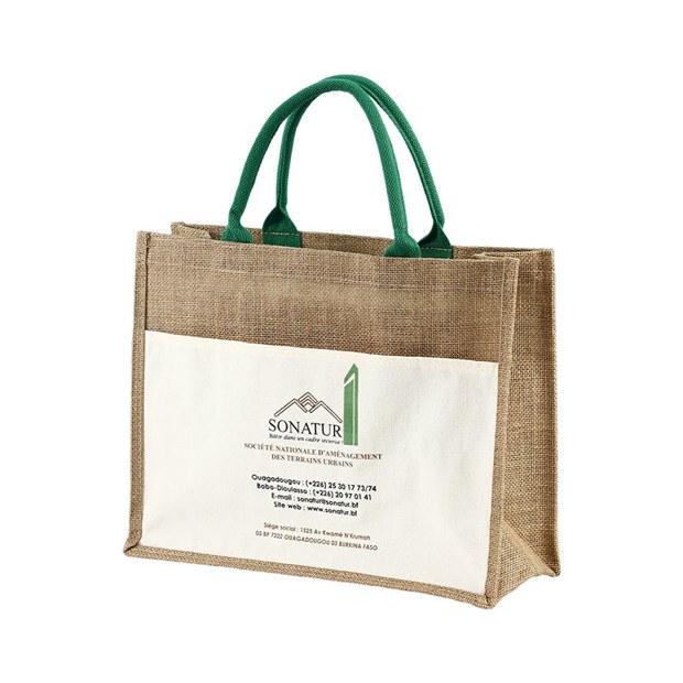 Jute Tote with Canvas Pocket and Green Handles