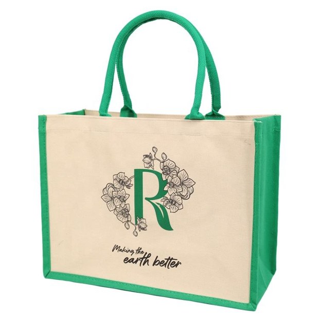 Green Monogram Jute Tote Bag