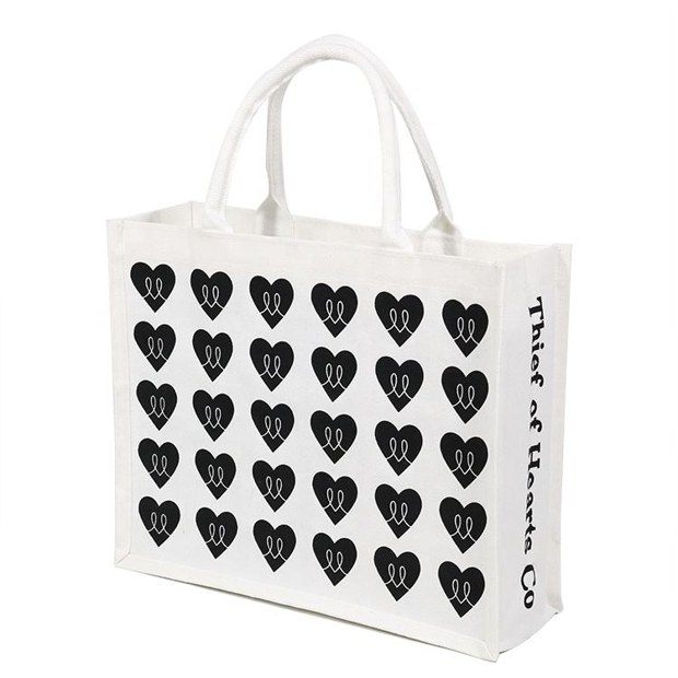 Heart Pattern White Jute Tote