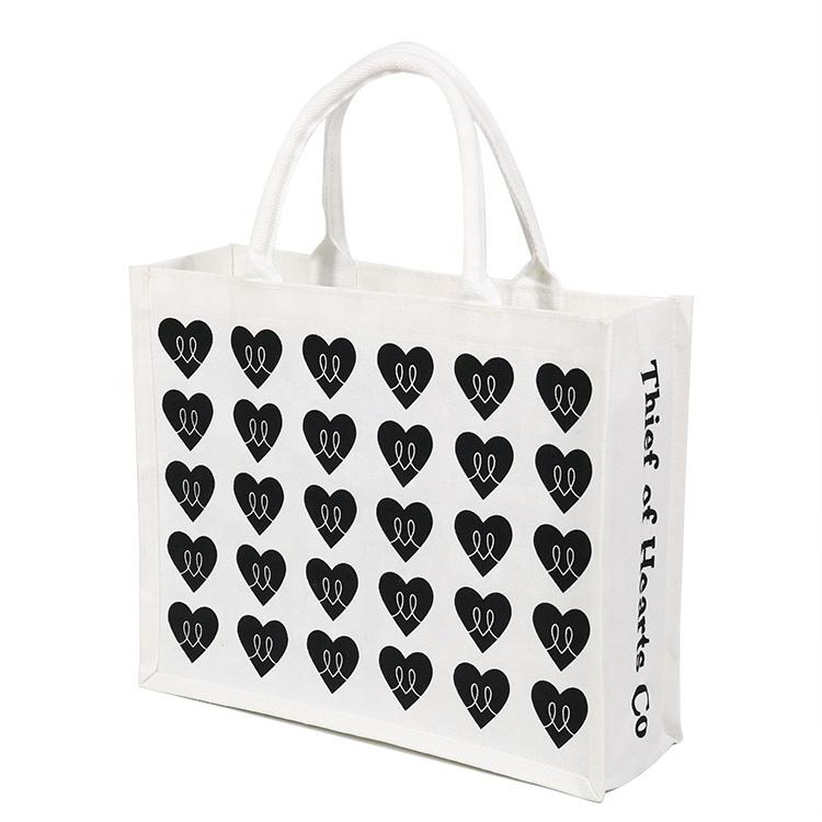 heart pattern white jute tote product example - view 6