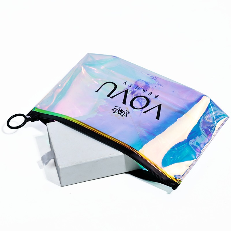 holographic bottom gusset PVC jewelry pouch with black ring pull - view 4
