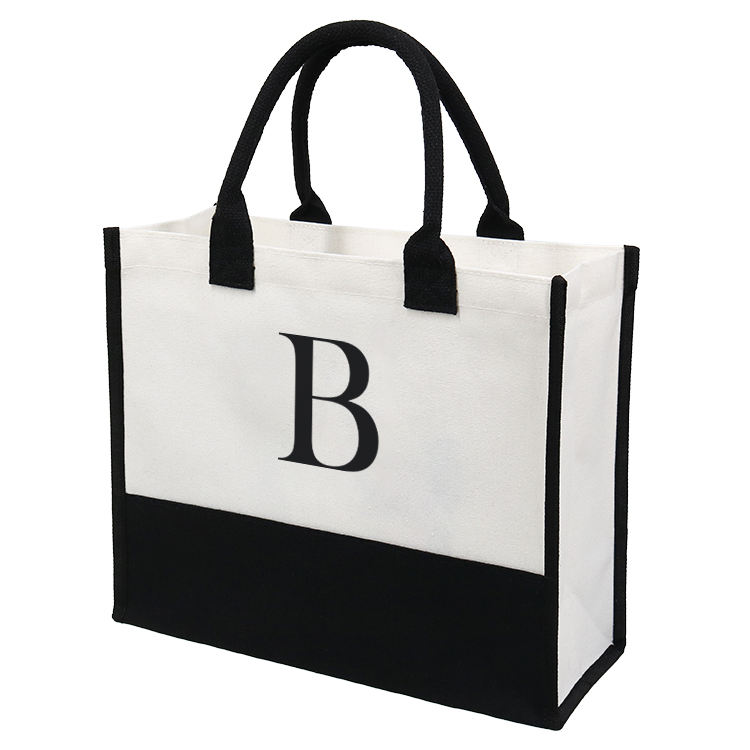 letter b canvas panel jute tote product example - view 6