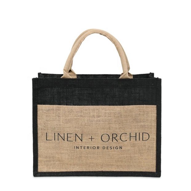 Black Panel Logo Jute Tote