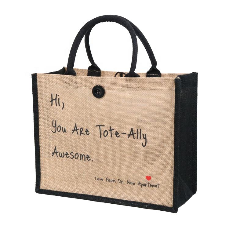 medium natural jute tote with white print product example - view 6