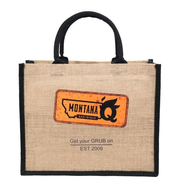 Black Trim Printed Jute Shopping Tote