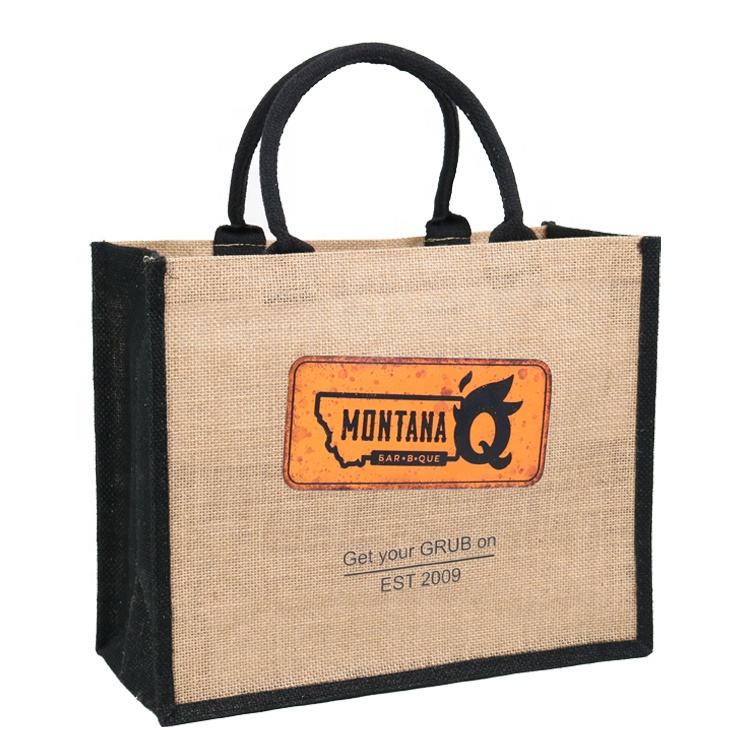 black trim printed jute shopping tote product example - view 2