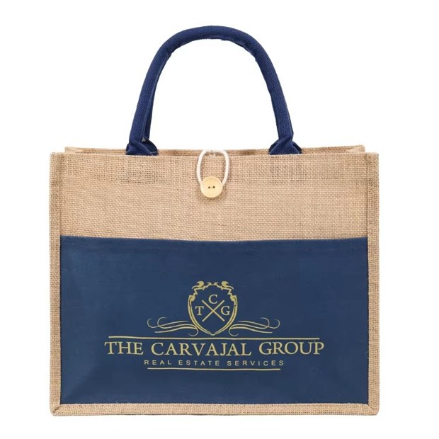 Navy Panel Jute Tote with Button Closure