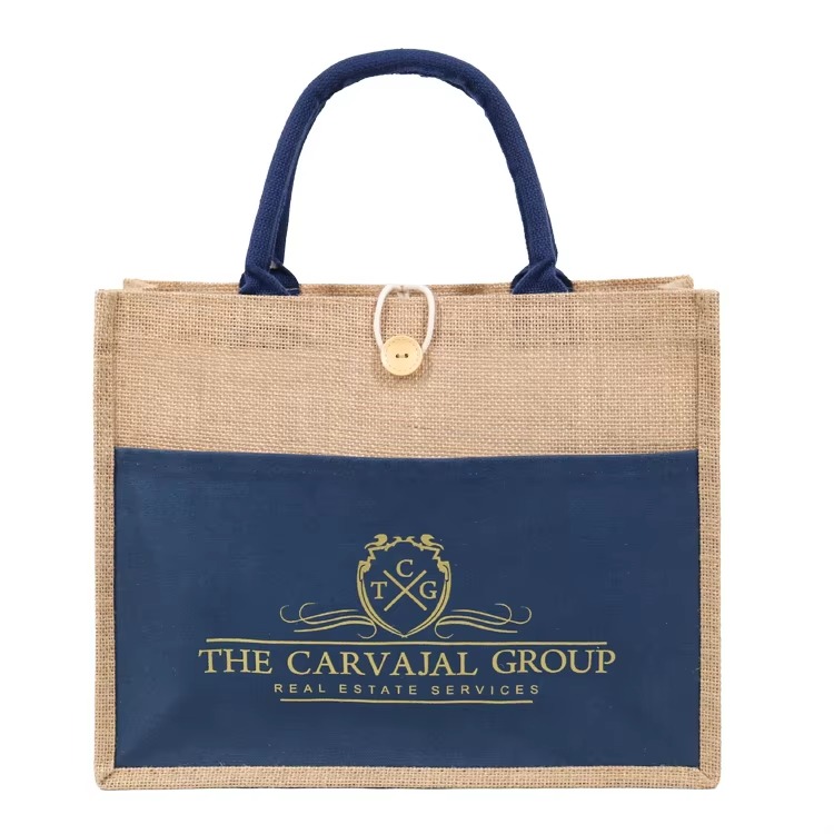 navy panel jute tote with button closure product example - view 2