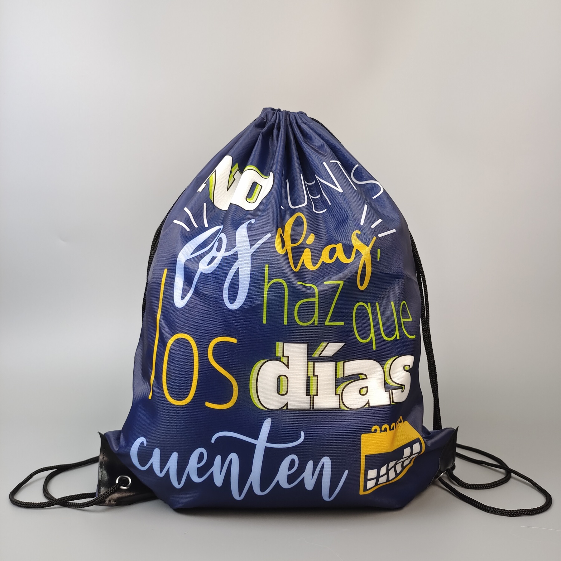 navy polyester drawstring backpack with colorful sublimation artwork - view 5