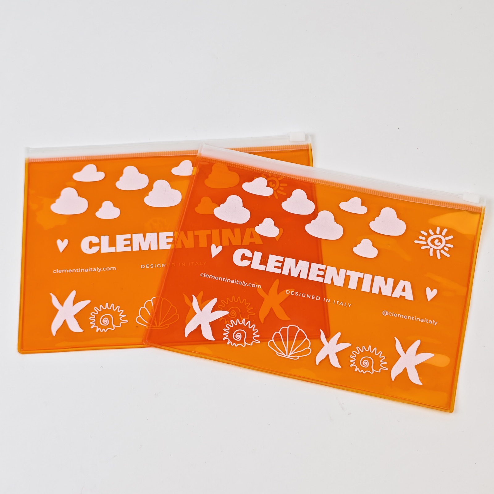 orange transparent PVC zipper bag with white printed artwork - view 2